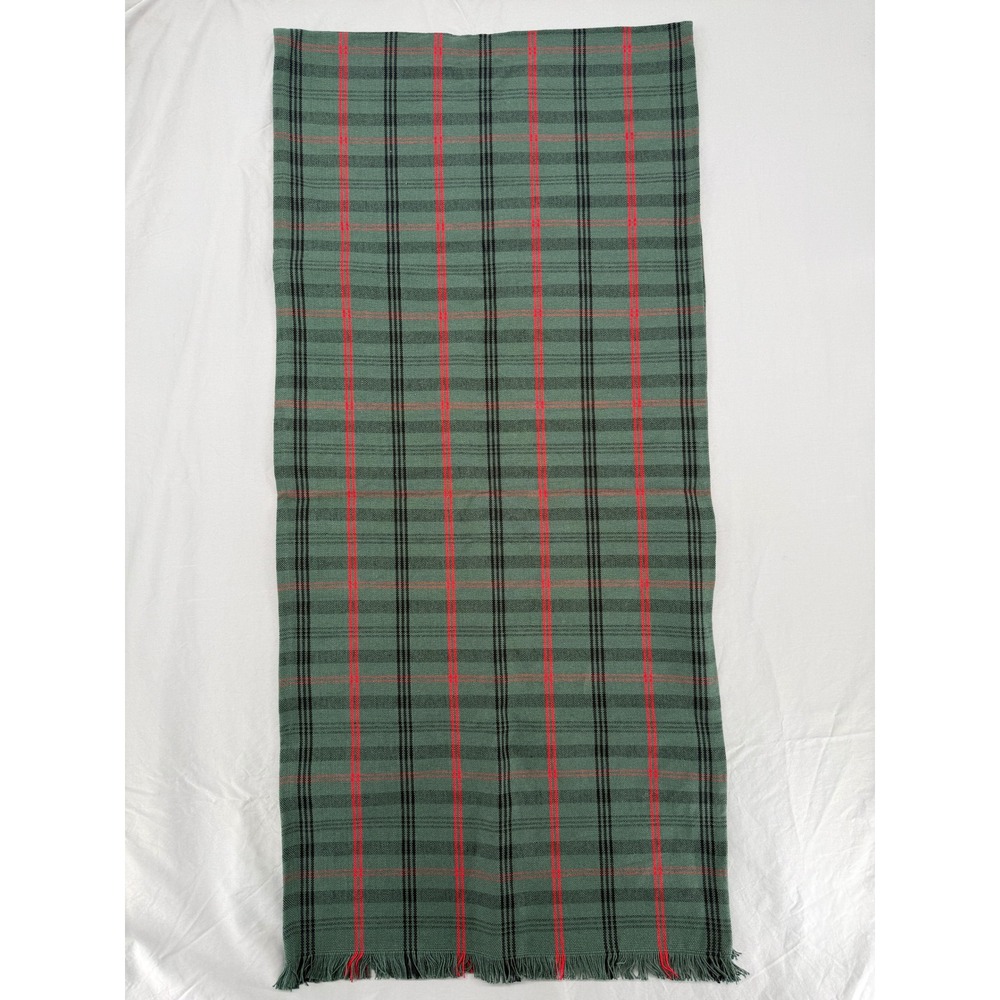 Rustic Table Runner Oversize Green Red Plaid 88x20.5 100% Cotton Fringed